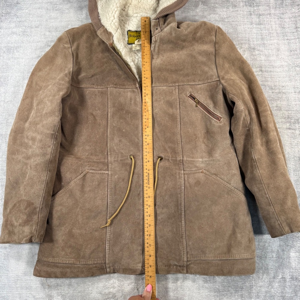 Robert Lewis Jacket Women 42 Brown Vintage 70s Suede Parka Hooded Shearling - Picture 11 of 14